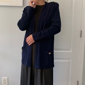 St John Santana Knit Jacket Size S‎ Navy Open Front Cardigan Epaulettes shoulder